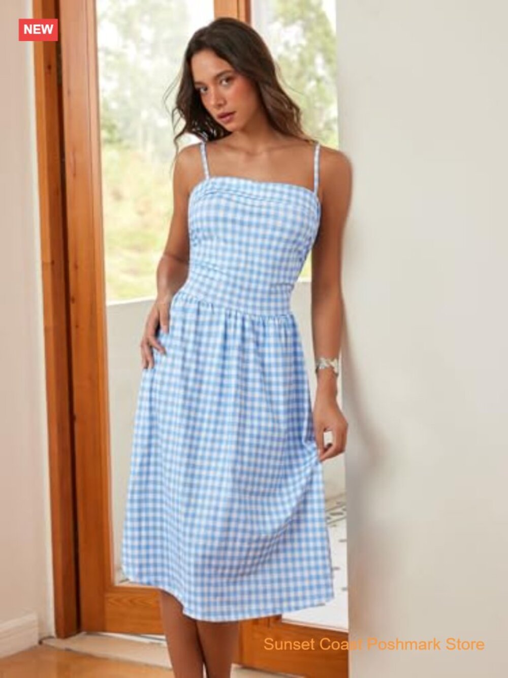 Gingham Midi Dress Sleeveless Ruched Plaid Spaghetti Strap A-Line Scoop Neck - Picture 5 of 7